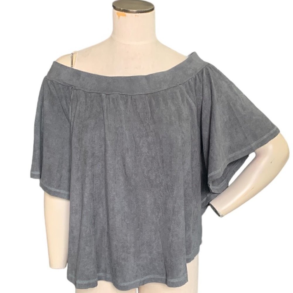 Olivaceous Cropped Batwing Poncho Top Soft Stretch Faux Suede M Gray 93P